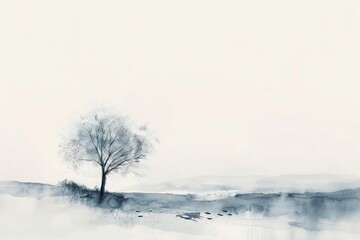 Fototapeta na wymiar Watercolor minimalist landscapes, serene and simple, focusing on horizon lines, subtle gradients, and sparse compositions for a tranquil aesthetic.