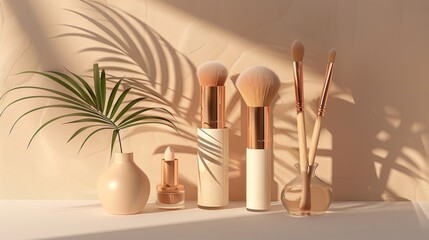 Makeup products and natural brushes, complete set, beauty essentials, clear and stylish, ambient lighting AI Generative