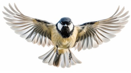 Portrait of a little bird tit in flight, wings spread wide and feathers fluttering, captured against a white isolated background, a dynamic display of movement and grace in the air AI Generative
