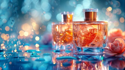 Perfumes presented on a cool blue backdrop, selection of elegant fragrances, detailed, ambient studio light AI Generative - obrazy, fototapety, plakaty