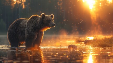 powerful bear standing, wild forest habitat, natural, immersive, early morning mist, photorealistic, serene, soft lighting, AI Generative - obrazy, fototapety, plakaty