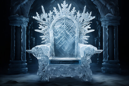 royal chair, throne made of ice, dark background