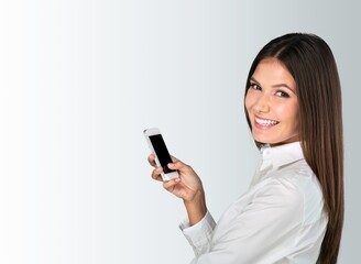 Fototapeta premium Happy cheerful girl hold mobile phone