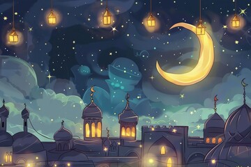 Cartoon cute doodles of a peaceful Ramadan night scene with a crescent moon and twinkling stars in the sky, Generative AI