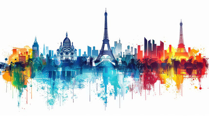 Artistic representation of Paris skyline with Eiffel Tower in watercolor splashes.