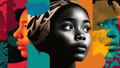 A modern triptych featuring portraits of African women with vibrant, abstract background elements.