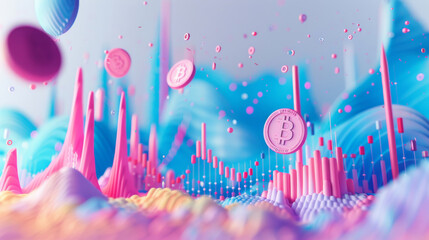 Digital art representing cryptocurrency with Bitcoin icon in a surreal, abstract 3D landscape of peaks and valleys.