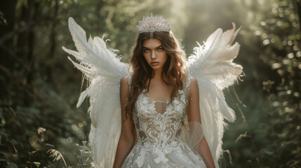 Give off ethereal vibes with a white lace dress featuring a tulle overlay and feather detailing accessorized with a crystal tiara and angel wings while exploring a fairy tale