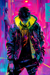 A cyberpunk-inspired portrait of a person in a neon-lit environment with a glowing jacket, exuding urban edginess.