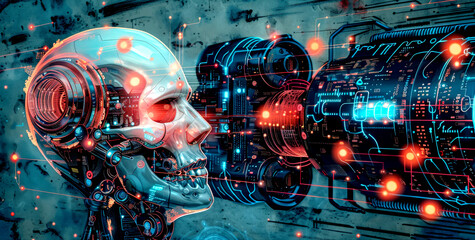 A digitally rendered cybernetic skull with advanced futuristic interface elements, showcasing high-tech concepts.