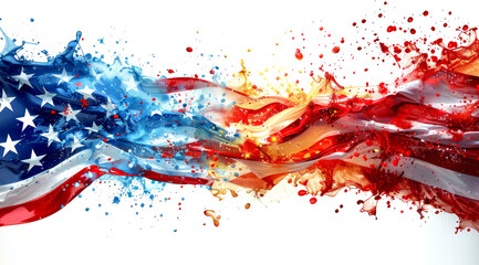 The American flag depicted in an abstract fluid art style with vibrant splashes.