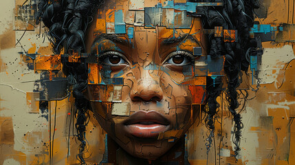 Artistic representation of a woman's face with fragmented graphic elements.