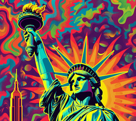 Statue of Liberty in a psychedelic and colorful abstract art style.