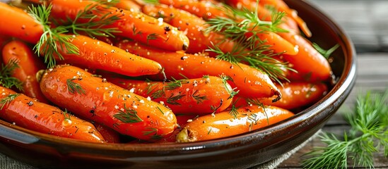A bowl filled with deliciously honey glazed baby carrots, topped with a sprig of fresh rosemary, providing a sweet and savory twist on classic carrots.