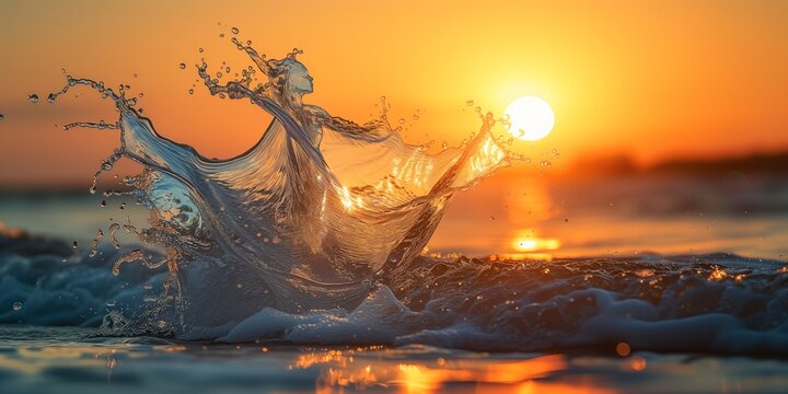 In the rays of the setting sun, splashes and water accidentally formed the image of a girl in a dress dancing
