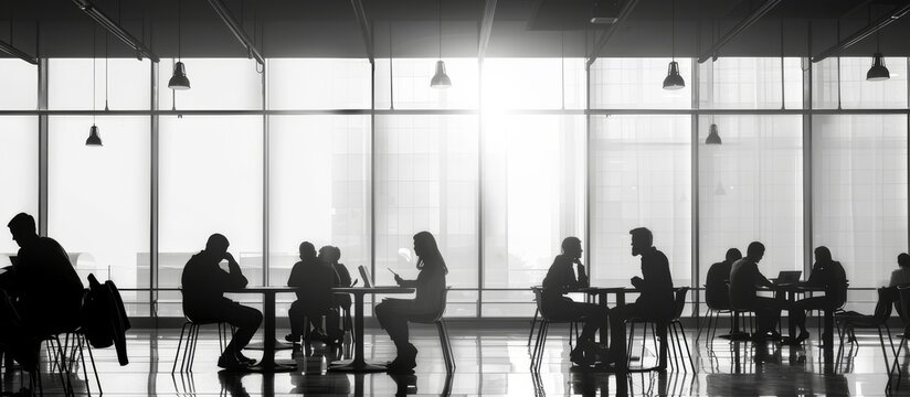 Modern workplace with people in silhouette background