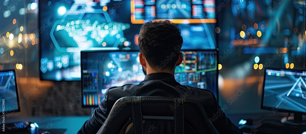 Poster a man is focused while sitting at a desk with multiple computer monitors in front of him. he seems e