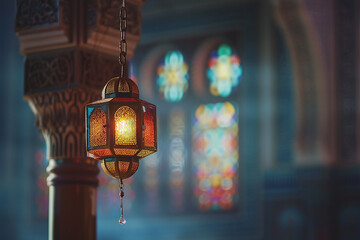 Generative AI Image of Background of Arabian Islamic Lantern Hanging Inside a Mosque with Empty Space