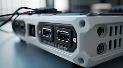 Fototapeta premium A closeup of the back panel of a mobile ultrasound device highlighting the various ports and connections for data transfer and charging.