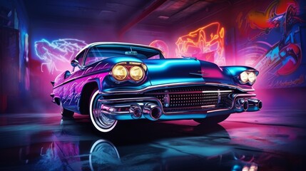 Vintage car with neon background