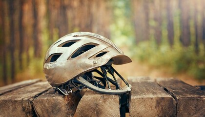 old bicycle helmet on fence, Bicycle helmet woods background - obrazy, fototapety, plakaty