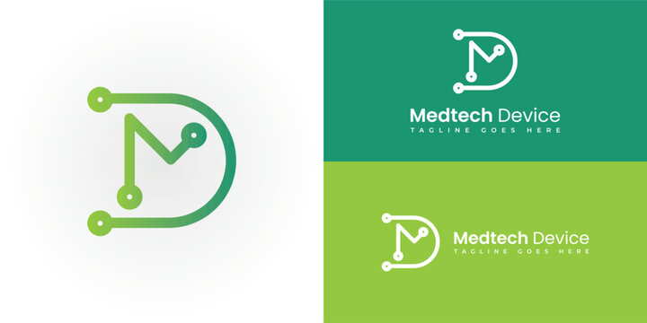 Abstract initial letter MD or DM logo in gradient green color presented with multiple background colors. The logo is suitable for medical business company logo design inspiration templates.
