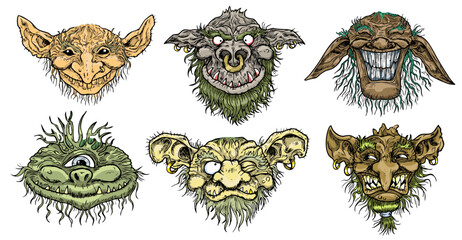 Naklejka premium Hand drawn vector set with colorful engraved funny demon or gnome faces isolated on white