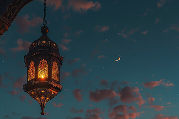 Fototapeta na wymiar Generative AI Image of Background of Ornamental Islamic Lantern Hanging Outdoor in the Evening