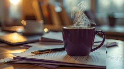 On the table stood a document. The purple coffee cup next to it gave off a little steam. Invite to take a break Prepare for productivity