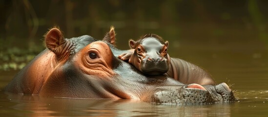 A heartwarming image of a mother hippopotamus lovingly cuddling her adorable baby in the water.