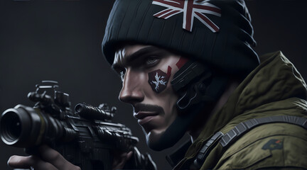 A close-up of a sniper in action, focusing intently through the scope, prepared for a precision shot in a high-risk combat zone.