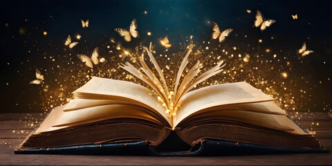 fairytale mystical open book with butterflies and golden sparkles wide banner design for headers...