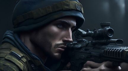 A close-up of a sniper in action, focusing intently through the scope, prepared for a precision shot in a high-risk combat zone.