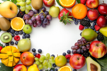 Vibrant assortment of fresh fruits on a white background, framing copy space, ideal for healthy...