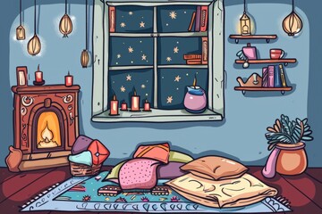 Cartoon cute doodles of a cozy Ramadan living room with cushions and blankets for family gatherings and storytelling, Generative AI