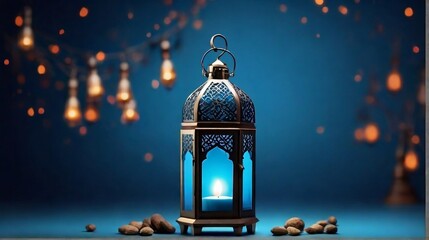 Lit lantern on a blue background Islamic holiday banner Ramadan, Raya Hari, Eid al-Adh - obrazy, fototapety, plakaty