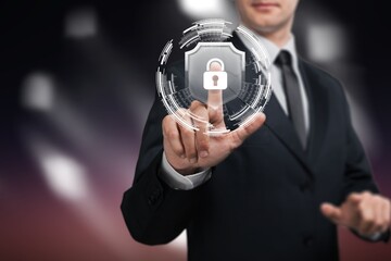 Cybersecurity concept icons in business man hand