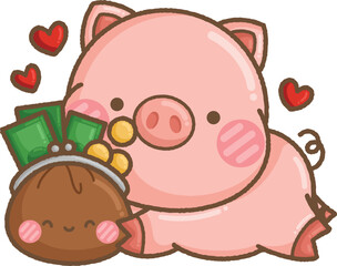 a vector of a cute pig with money related objects