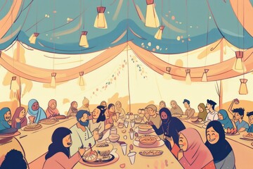 Cartoon cute doodles of a community iftar event in a spacious Ramadan tent with long tables and happy faces, Generative AI