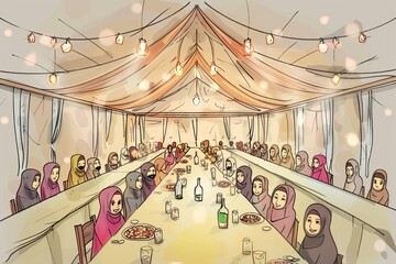 Cartoon cute doodles of a community iftar event in a spacious Ramadan tent with long tables and happy faces, Generative AI