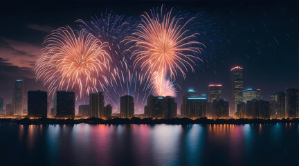 Fototapeta na wymiar Fireworks in Miami Created With Generative Ai