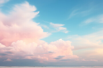 Naklejka premium Soft Pastel Sunrise Sky with Fluffy Clouds. Peaceful Morning Atmosphere Concept