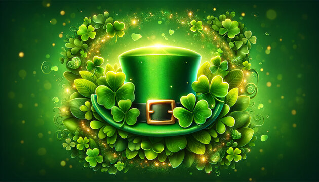 A St. Patrick's Day themed image, perfect for a greeting card,  featuring a large, green cap centered and surrounded by lush shamrock leaves. AI generative