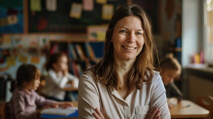 Obraz premium Smiling School Teacher at Work