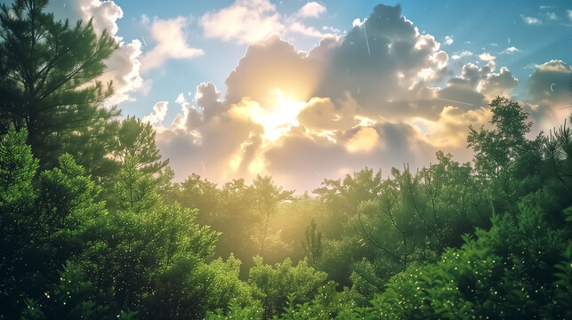 Serene clouds and sky, lush greenery, early morning, soft natura