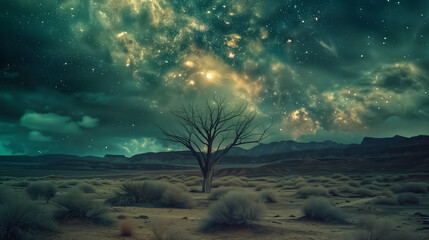 Northern lights dancing over a desert, magical and mystical natu
