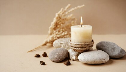 Fototapeta na wymiar candles and stones, Aroma candle on beige background. Warm aesthetic composition with stones. Cozy home comfort, relaxation and wellness concept. Interior decoration mockup