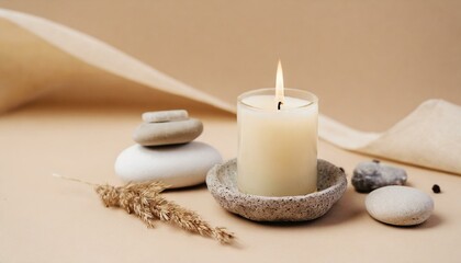 spa still life with candles and towel, Aroma candle on beige background. Warm aesthetic composition with stones. Cozy home comfort, relaxation and wellness concept. Interior decoration mockup