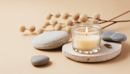 Fototapeta na wymiar spa still life with towel and candles, Aroma candle on beige background. Warm aesthetic composition with stones. Cozy home comfort, relaxation and wellness concept. Interior decoration mockup