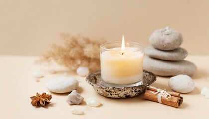 Fototapeta na wymiar Aroma candle on beige background. Warm aesthetic composition with stones. Cozy home comfort, relaxation and wellness concept. Interior decoration mockup